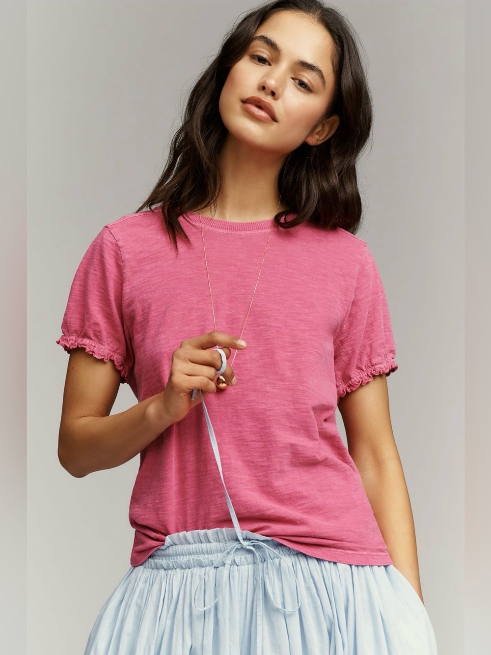 Pilcro by Anthropologie Women’s Pink Ruffle-Sleeve Crewneck Tee XS